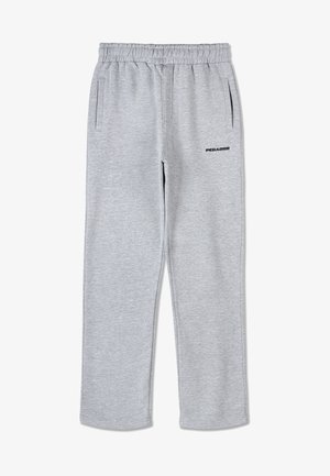 Pantaloni sportivi grigi realizzati in tessuto misto cotone, con vita elastica, tasche laterali e dettaglio del logo nero sulla coscia sinistra.