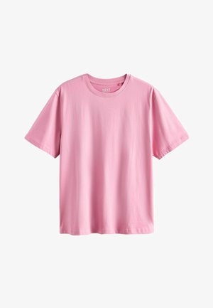 Tricou simplu roz, din bumbac, cu mânecă scurtă și decolteu rotund, prezentat pe un fundal alb.