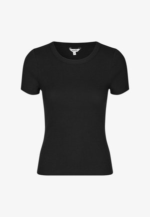 Schwarz kurzärmliges T-Shirt aus geripptem Baumwollmaterial, mit einem runden Ausschnitt und einer figurbetonten Silhouette.