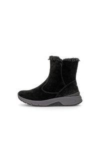 Schwarze Wildleder-Stiefeletten mit Kunstfellbesatz, einer glatten runden Zehenpartie und einer grauen Gummisohle mit perforierten Details an der Ferse.