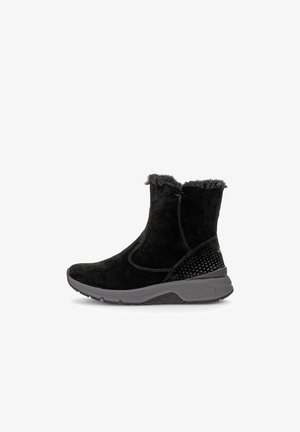 Black suede ankle boots with faux fur trim, a smooth round toe, and a grey rubber sole featuring perforated detailing on the heel.