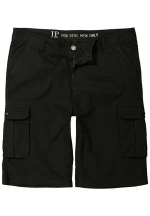 Schwarze Cargo-Shorts mit zwei Seitentaschen, zwei Cargo-Taschen mit Klappen und einem Reißverschluss. Hergestellt aus strapazierfähigem Baumwollmaterial.