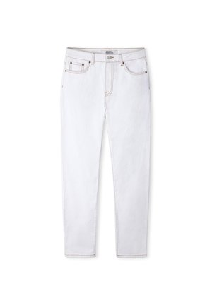 Jeans bianchi a gamba dritta con cinque tasche, passanti per cintura, chiusura con bottone e cuciture a contrasto su sfondo bianco.