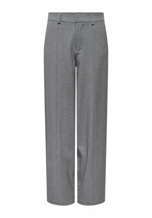 Pantalon droit de costume gris avec passants pour ceinture et plis avant, présenté sur un fond blanc.