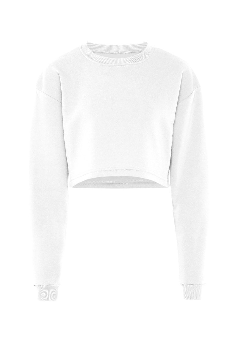 Vit kortärmad sweatshirt med lång ärm, ribbad rund halsringning och elastiska ärmslut. Mjuk tyg med en slät textur, minimalistisk design.