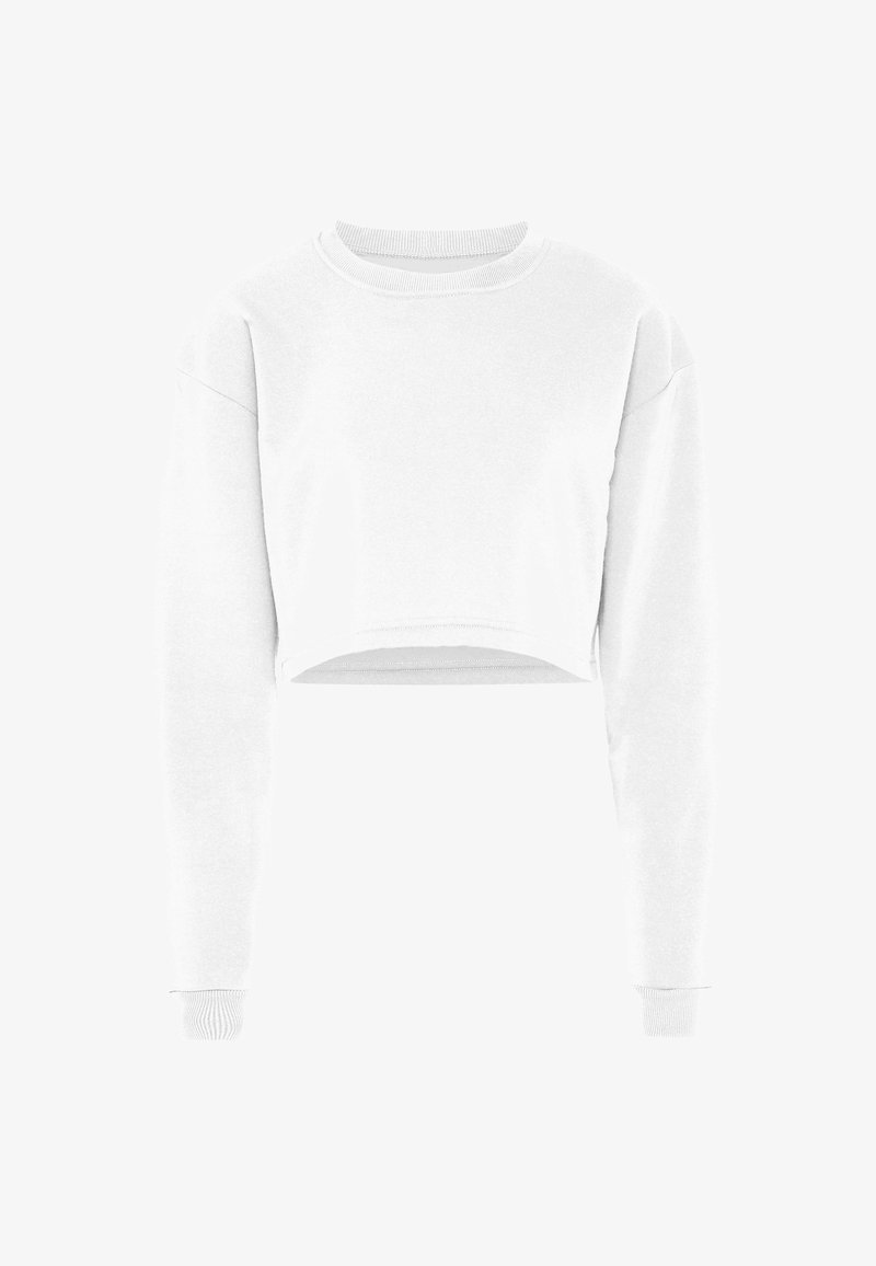 Witte cropped sweatshirt met lange mouwen, geribbelde ronde hals en elastische manchetten. Zachte stof met een gladde textuur, minimalistisch ontwerp.