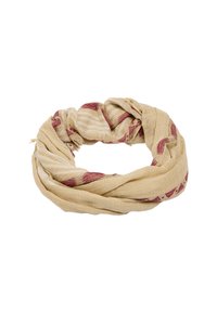 Jasnobrązowy bawełniany szalik skręcony w pętlę z czerwonymi wzorami i białymi paseczkami na białym tle.