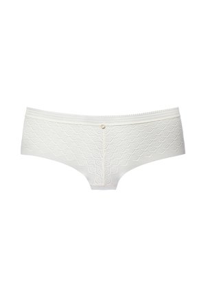 White lace underwear with a wavy pattern, featuring a small button detail at the front and a textured waistband design.