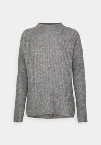 Maglione grigio lavorato a maglia con collo alto, maniche lunghe, texture a coste e vestibilità rilassata. L'orlo è leggermente più lungo sul retro.