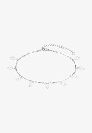 Silberne Kettenarmband mit sieben weißen Perlen, die gleichmäßig entlang der Länge verteilt sind, mit einem Verschluss und einer verstellbaren Verlängerungskette.
