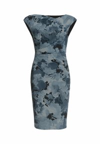 Przylegająca sukienka wykonana z elastycznego materiału, z niebiesko-czarnym abstrakcyjnym wzorem oraz poziomymi paskami. Rękawki typu „capon” i długość do kolan.