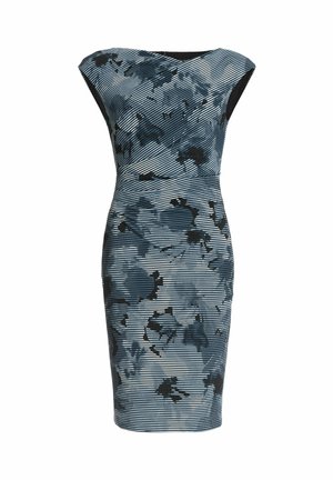 Strak zittende jurk van rekbare stof met een blauw-zwart abstract patroon en horizontale strepen. Met kapmouwtjes en tot aan de knie.