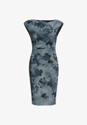 Figursyet kjole lavet af elastisk stof med et blåt og sort abstrakt mønster med vandrette striber. Korte ærmer og knælængde.