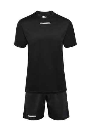 Sort sport t-shirt og shorts sæt med hvidt "Hummel" logo på brystet og venstre ben, vist på en hvid baggrund.