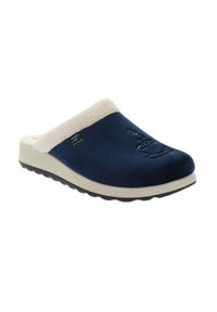 Chausson bleu marine avec doublure en fausse fourrure, bout rond et semelle texturée. Présente un design cousu et un petit logo sur le côté.