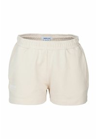 Lichte crème katoenen shorts met een elastische tailleband, voorzien van gestikte details en een klein wit logo aan de voorkant links.