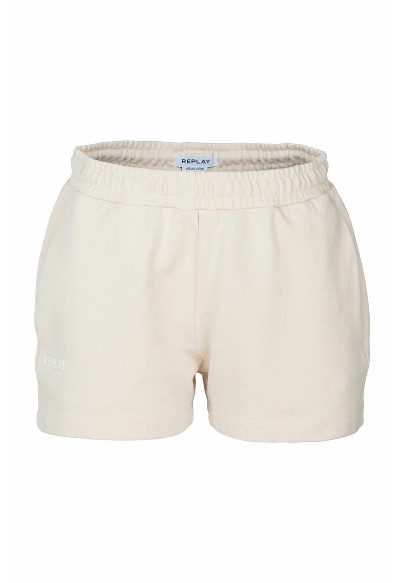 Lichte crème katoenen shorts met een elastische tailleband, voorzien van gestikte details en een klein wit logo aan de voorkant links.