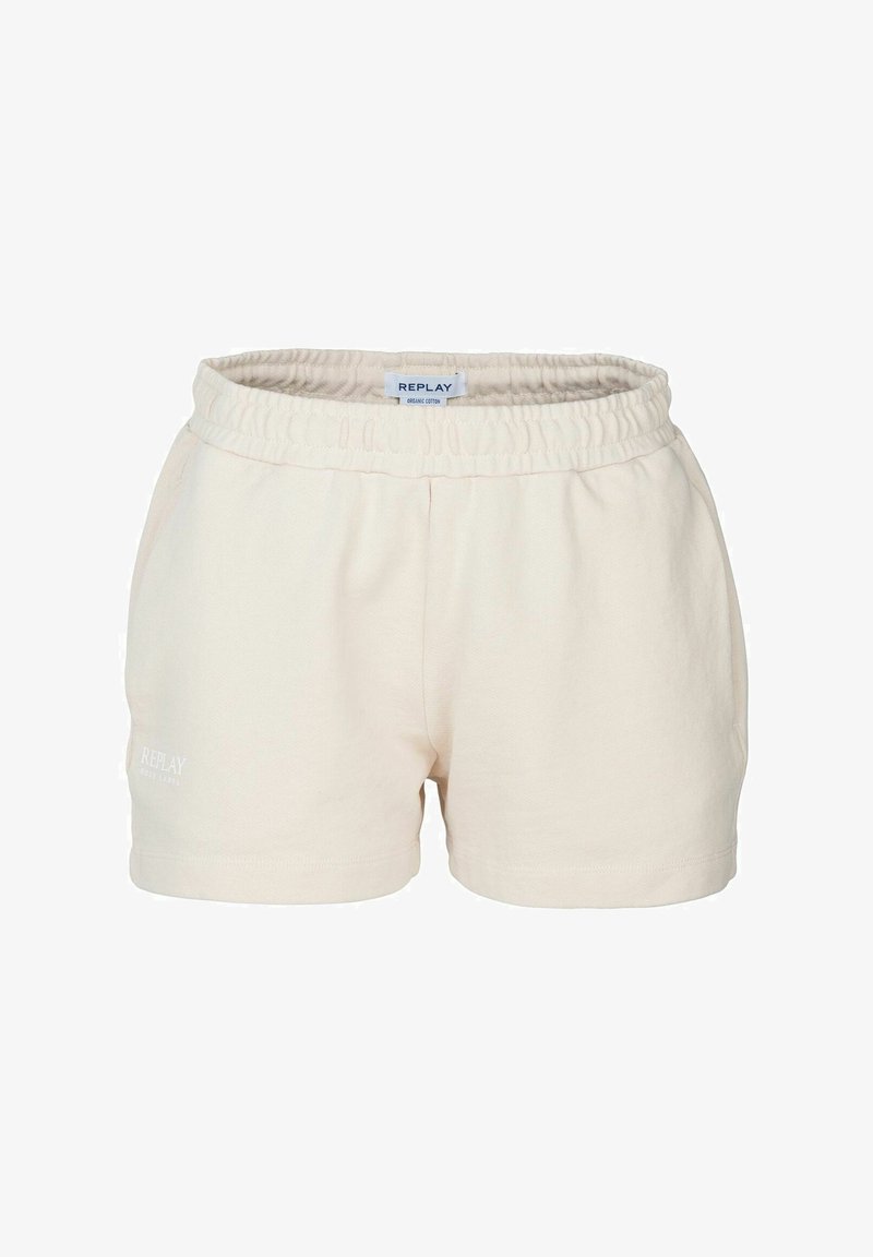 Lichte crème katoenen shorts met een elastische tailleband, voorzien van gestikte details en een klein wit logo aan de voorkant links.
