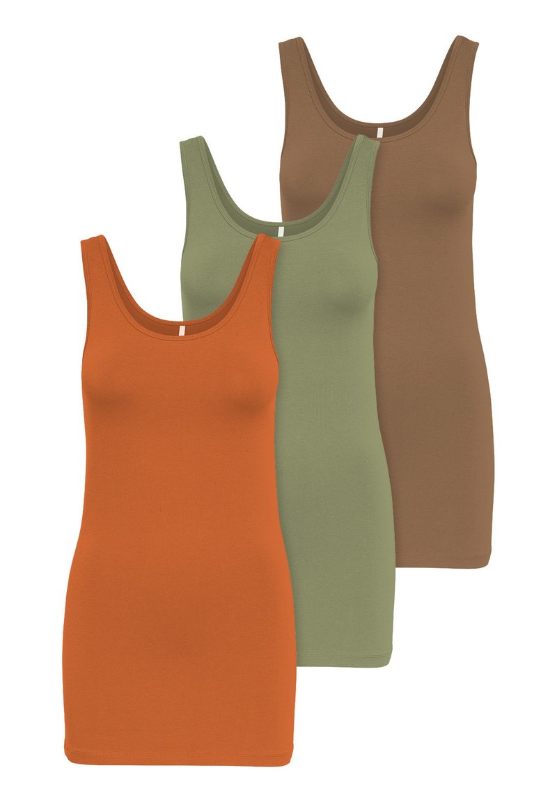 Three fitted tank tops in orange, green, and brown. Made of soft cotton, featuring wide straps and scoop necklines.