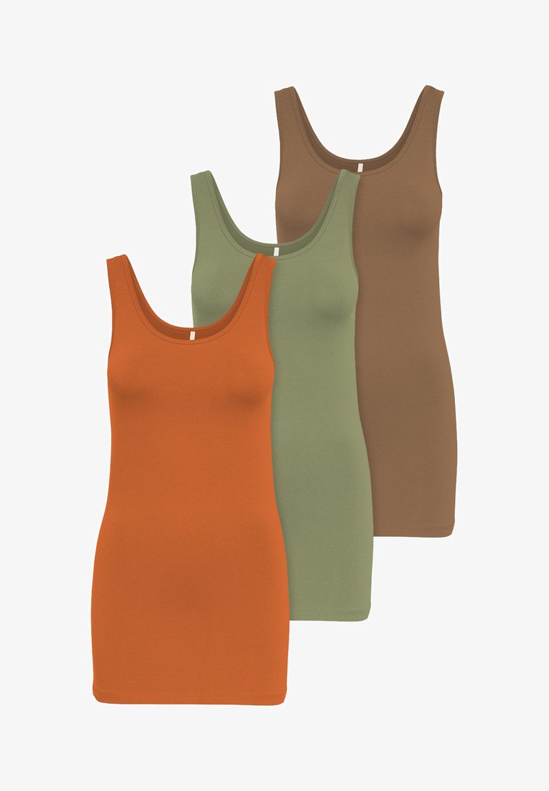 Trois débardeurs ajustés en orange, vert et marron. Fabriqués en coton doux, avec de larges bretelles et des encolures dégagées.