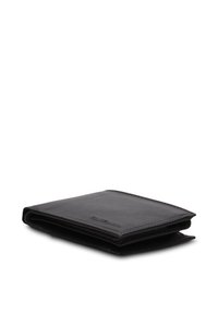 Portafoglio nero in pelle con texture liscia, design a doppia piega, cuciture visibili e dettaglio del logo sottile sul davanti.