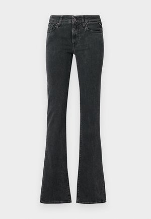 Flared black jeans in a denim material, featuring a button closure, pockets, and subtle fading for texture.