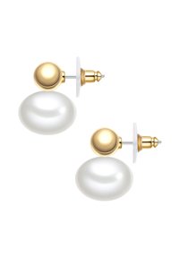 Guldtonade studsmycken med en slät vit pärldroppe. Rund form med en blank yta och genomskinligt bakstycke för säker användning.