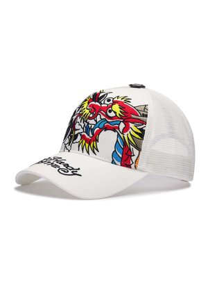 Weißes Mesh-Baseballcap mit farbig besticktem Drachendesign auf dem Vorderpanel und schwarzem Script-Text auf dem gebogenen Schirm.
