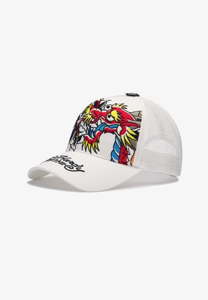 White mesh baseball cap with colorful embroidered dragon design on front panel and black script text on curved brim.