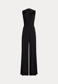 Svart jumpsuit med ärmlös design, featuring en knuten bodice, breda byxor och ett mjukt, elastiskt tyg.