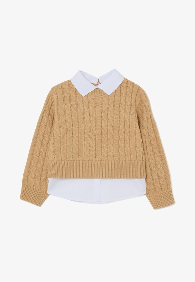 Beige cable-knit cropped sweater with a white collared shirt underlayer. Features ribbed hem and long sleeves.