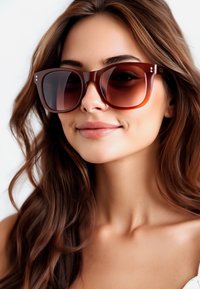 Occhiali da sole oversize marroni con una elegante montatura in plastica e lenti gradiente. Caratteristiche includono inserti laterali e una finitura liscia.