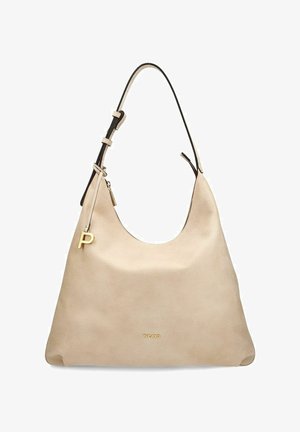 Beige Lederschultertasche mit verstellbarem Riemen, goldenem "P" Anhänger und kleinem goldenem "PICARD" Logo auf der Vorderseite in der Mitte.