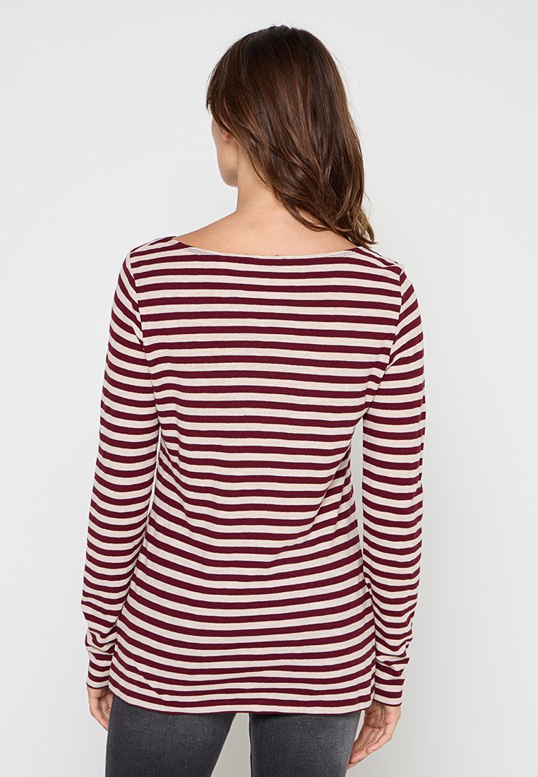 Langärmliges Oberteil mit horizontalen Streifen in Burgunder und Creme. Weicher Stoff mit lässiger Passform und Rundhalsauschnitt.