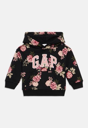 Felpa con cappuccio nera per bambino piccolo con stampa floreale rosa e beige e logo "GAP" rosa sul petto, con tasca a marsupio frontale e maniche lunghe.
