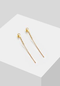Orecchini a catena d'oro con un design texturizzato; presentano un retro a perno, una corta catena a maglie e una forma allungata e liscia.