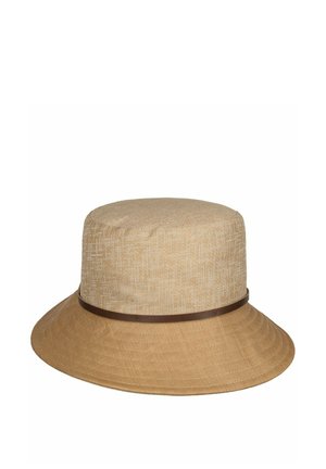 Beige fabric bucket hat with a wide brim and dark brown narrow band around the base of the crown.