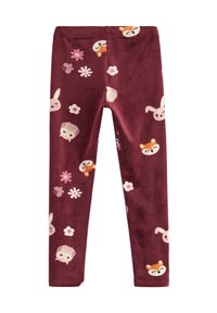 Bordeaux børneleggings med smilende ræv, kanin, ugle ansigt, pink blomster og sommerfugle mønster.