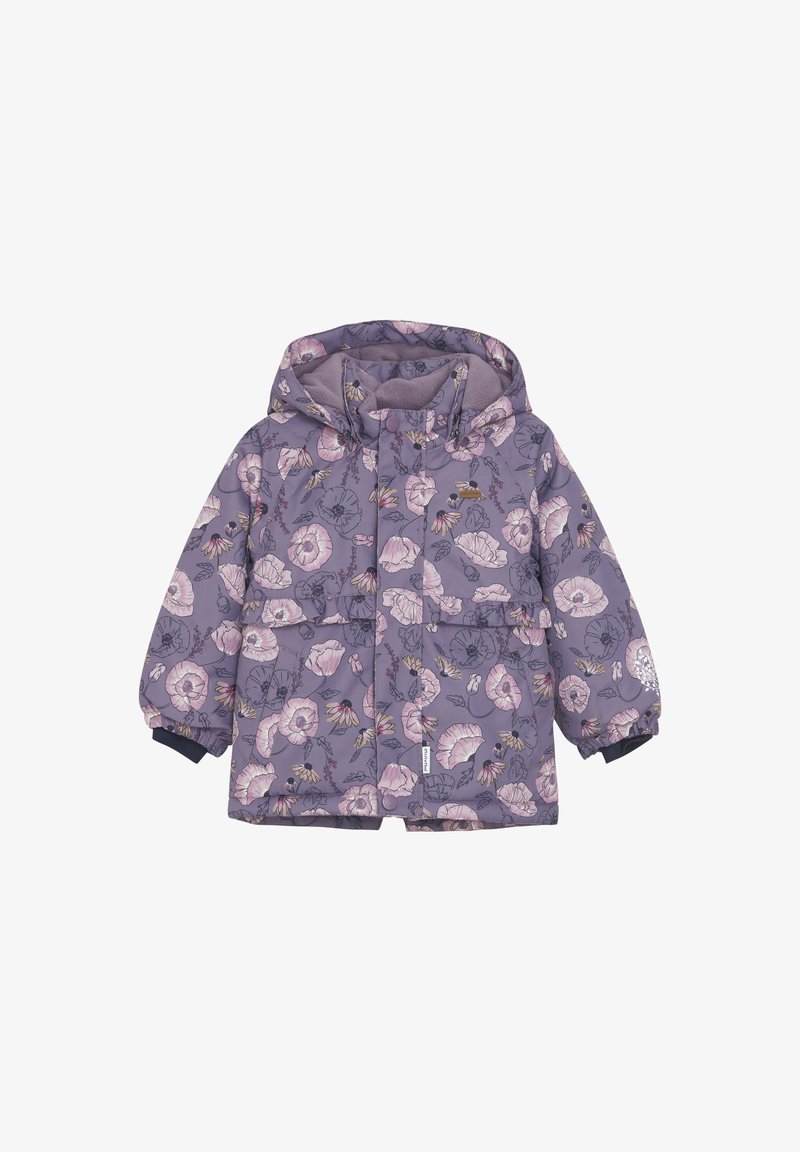 Lila vadderad jacka med ett blommönster i rosa och gröna toner, med huva, framfickor och elastiska manschetter.
