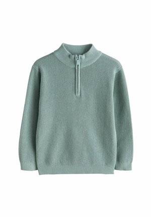 Lysegrøn sweater med høj krave og halv lynlåslukning. Tekstureret strikket stof, lange ærmer og ribbet kant og manchetter.