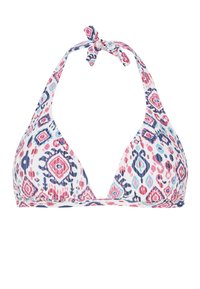 Driekhoek bikini top met een multikleurig geometrisch patroon in roze, blauw en wit. Voorzien van strikbanden en een gladde textuur.