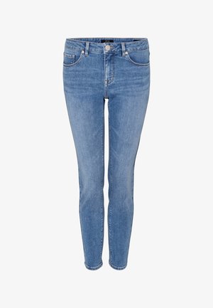 Light blue slim-fit denim jeans with front button, zipper, and classic five-pocket design.