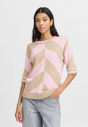 Strickoberteil mit kurzen Ärmeln, das ein Zickzackmuster in Rosa und Beige zeigt. Rundhalsausschnitt, strukturierter Stoff und gerippter Saum.