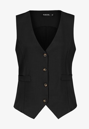 Chaleco negro ajustado sin mangas con escote en V, cuatro botones marrones en el frente y pequeñas solapas de los bolsillos laterales, tamaño mediano.