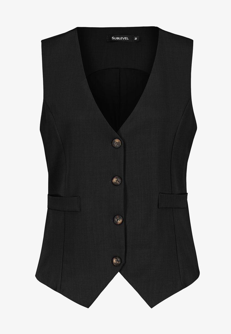 Schwarze taillierte ärmellose Weste mit V-Ausschnitt, vier braunen Knöpfen auf der Vorderseite und kleinen Taschenklappen an den Seiten, Größe M.