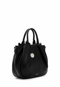 Black leather handbag with structured shape, dual handles, and textured finish. Features silver hardware and a circular logo tag.