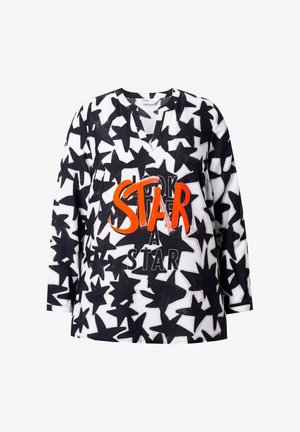 Langærmet skjorte i sort og hvid med stjerne-mønster, V-hals og fed orange og sort tekst, der siger "STAR" på fronten.