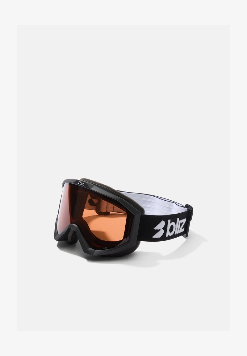 Sorte skibriller med et orange tonet glas, der har en bred rem med en hvid "bliz" logo, samt blød polstring for komfort.