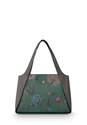 Green handbag with floral patterns and textured dark gray handles, featuring a small round gold emblem centered on the front.