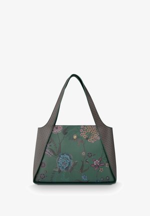 Grüne Handtasche mit Blumenmustern und strukturierten dunkelgrauen Griffen, versehen mit einem kleinen runden Goldemblem, das mittig auf der Vorderseite angebracht ist.